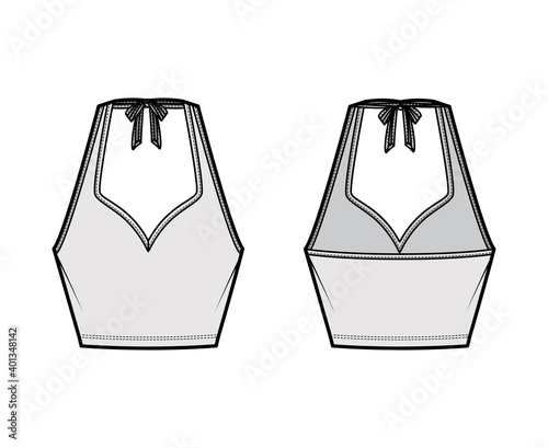 Tank halter sweetheart neck Crop top technical fashion illustration with bow, slim fit, waist length. Flat apparel outwear template front, back, grey color. Women men unisex CAD mockup