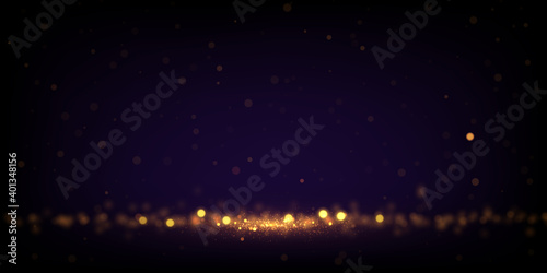 Vector golden glitter lights on dark. Abstract luxury background with glittering effect. Festive backdrop with glowing particles.	
