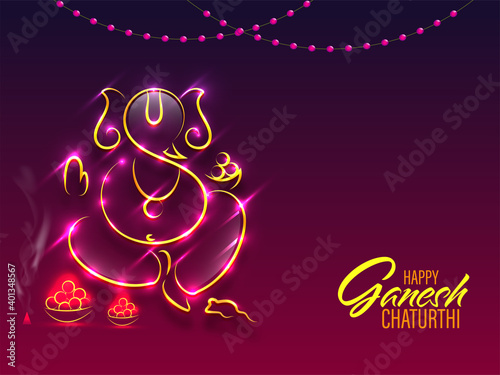 Golden Line Art Lord Ganesha Image With Lights Effect, Rat And Laddu On Gradient Purple Background For Happy Ganesh Chaturthi.