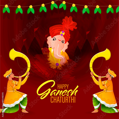 Illustration Of Maharashtrian Men Blowing Tutari Horn With Lord Ganpati Face And Temple On Red Brush Stroke Background For Happy Ganesh Chaturthi.