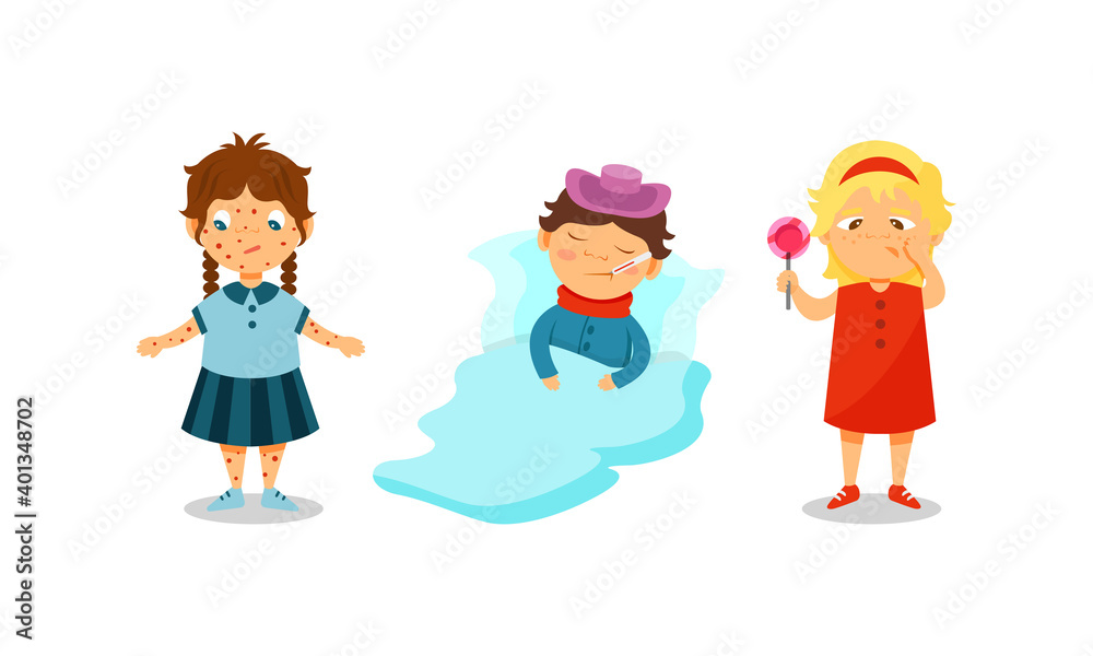 Sick Children Feeling Unwell and Suffering from Pain Vector Illustration Set Sick Children Feeling Unwell and Suffering from Pain Vector Illustration Set
