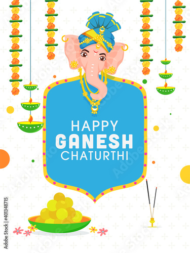 Vector Illustration Of Lord Ganpati Face With Laddu Bowl, Incense Holder, OIl Lamp Layer And Floral Garland On White Background For Happy Ganesh Chaturthi.