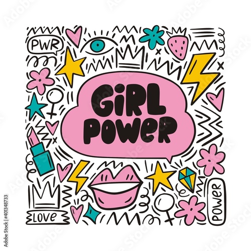Handwritten lettering quote  - girls are power. Doodle abstract background - hearts, lips, lipstick, crown, lightning, strawberries.