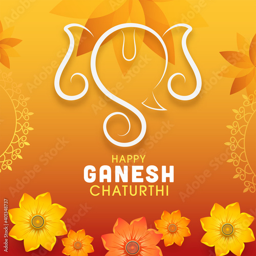 Happy Ganesh Chaturthi Text With Line Art Ganpati Face And Flowers Decorated Orange Background.