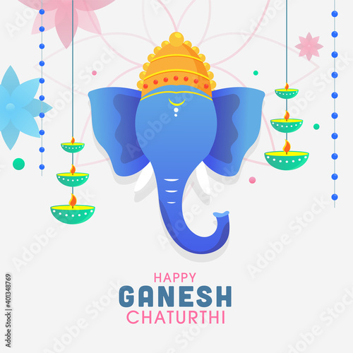 Illustration Of Lord Ganpati Face With Hanging Oil Lamps (Diya) And Flowers On White Background For Happy Ganesh Chaturthi.