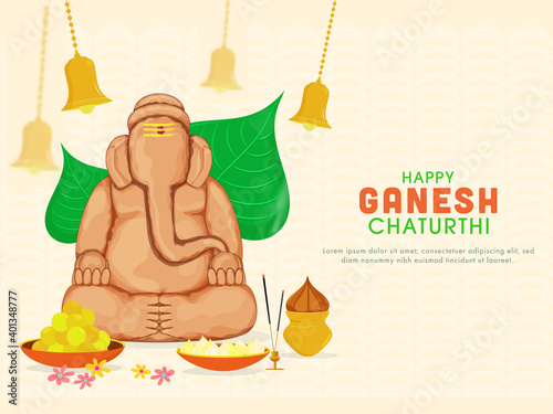 Sculpture Of Ganesha Made By Soil With Peepal Leaves, Traditional Pot (Kalash), Incense Holder, Laddu And Modak In Bowls For Ganesh Chaturthi Celebration.