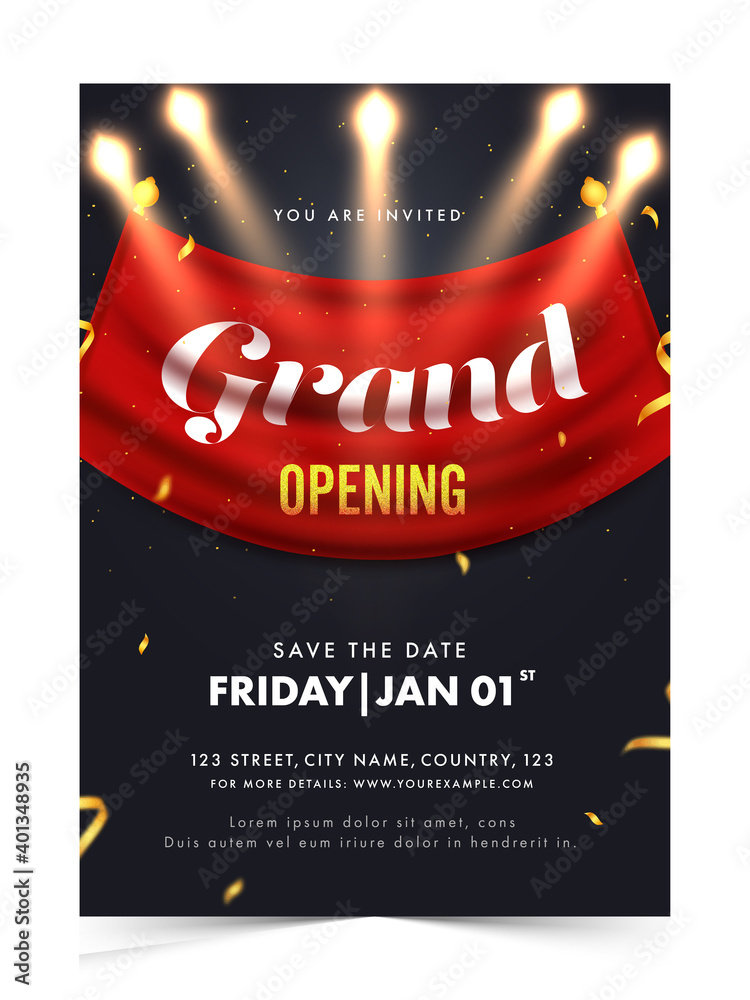 Grand Opening Invitation, Flyer Design With Event Details On Black  Background. Stock Vector | Adobe Stock