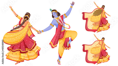 Character Of Lord Krishna And Radha Performing Dance On White Background.