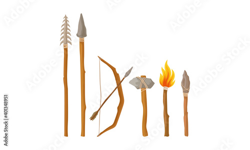 Stone Age Hunting Weapons with Stick and Spear Vector Set
