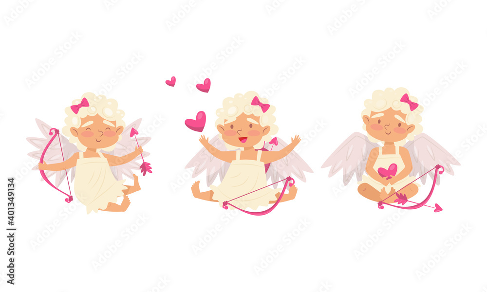 Winged Chubby Girl Cupid with Bow and Arrow Vector Set Winged Chubby Girl Cupid with Bow and Arrow Vector Set