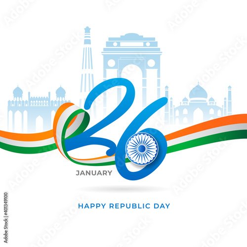 26 January Text With Ashoka Wheel, Tricolor Ribbon And India Famous Monuments On White Background.