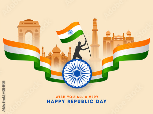 India Famous Monuments With Silhouette Man Holding Indian Flag, Ashoka Wheel And Tricolor Wavy Ribbon For Republic Day Concept.
