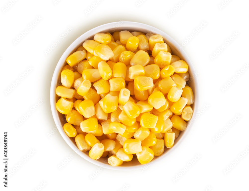 Fototapeta premium Canned corn in white bowl isolated on white background, top view