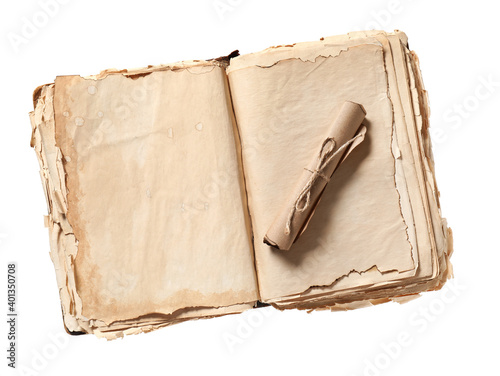 Old book with scroll on whi...