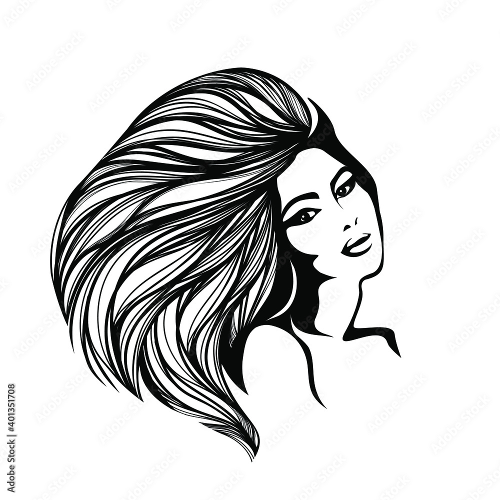 Hair salon and beauty studio illustration.Long, wavy hairstyle woman with elegant makeup.Cosmetics and spa icon isolated on light fund.Young lady portrait.Beautiful model face.Luxury,glamour style. Hair salon and beauty studio illustration.Long, wavy hairstyle woman with elegant makeup.Cosmetics and spa icon isolated on light fund.Young lady portrait.Beautiful model face.Luxury,glamour style.