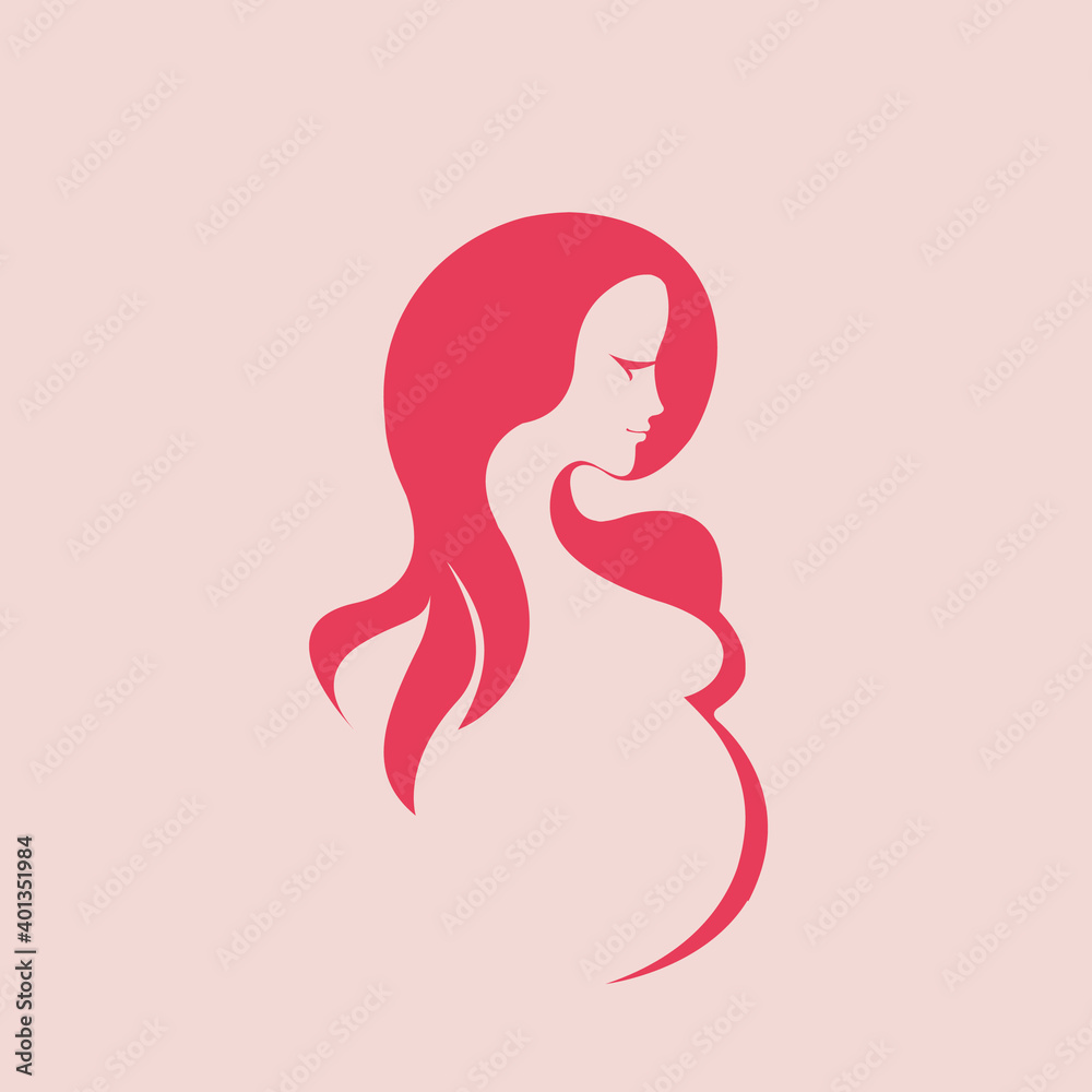 Beautiful pregnant lady with long, wavy hair flowing.Mother vector icon.Maternity illustration isolated on light background.Profile view woman.