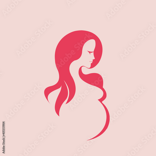 Beautiful pregnant lady with long  wavy hair flowing.Mother vector icon.Maternity illustration isolated on light background.Profile view woman.