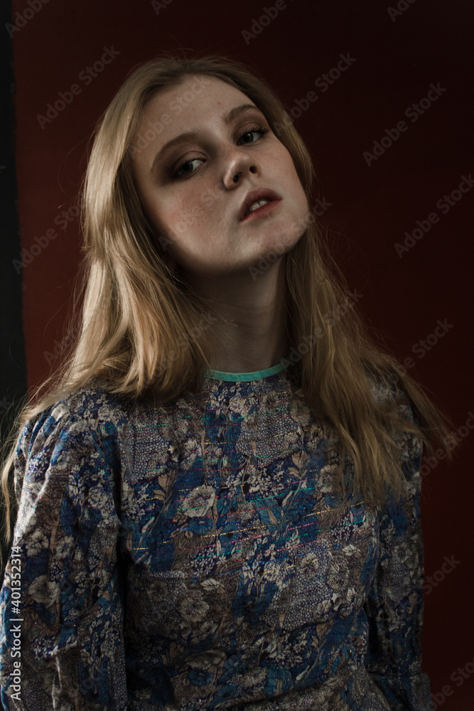 portrait of a young woman with blonde hair in dress portrait of a young woman with blonde hair in dress