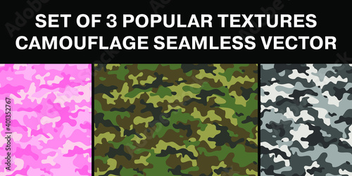 The 3 most popular multicolored military camouflage textures. repeating patterns seamless. set vector illustration repeat print. Khaki gray pink white black green texture, army hunting