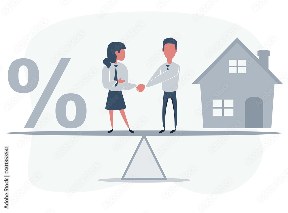 Business partners shaking hands as a symbol of unity. People standing on seesaw. Man buys a house. Vector flat design illustration.