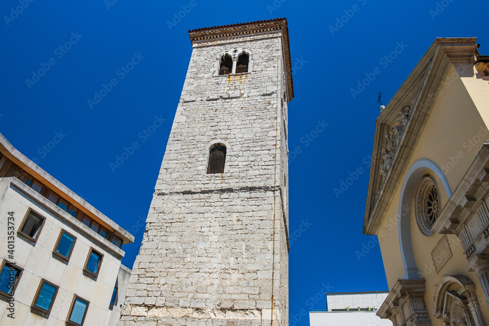 Fototapeta premium Old stone tower bell and church in city center of Rijeka, Croatia