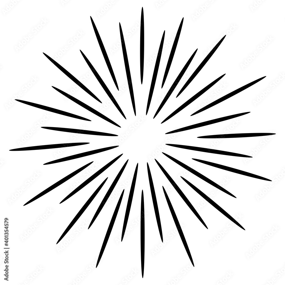 Fototapeta premium Starburst, sunburst hand drawn. Design Element Fireworks Black Rays. Comic explosion effect. Radiating, radial lines.