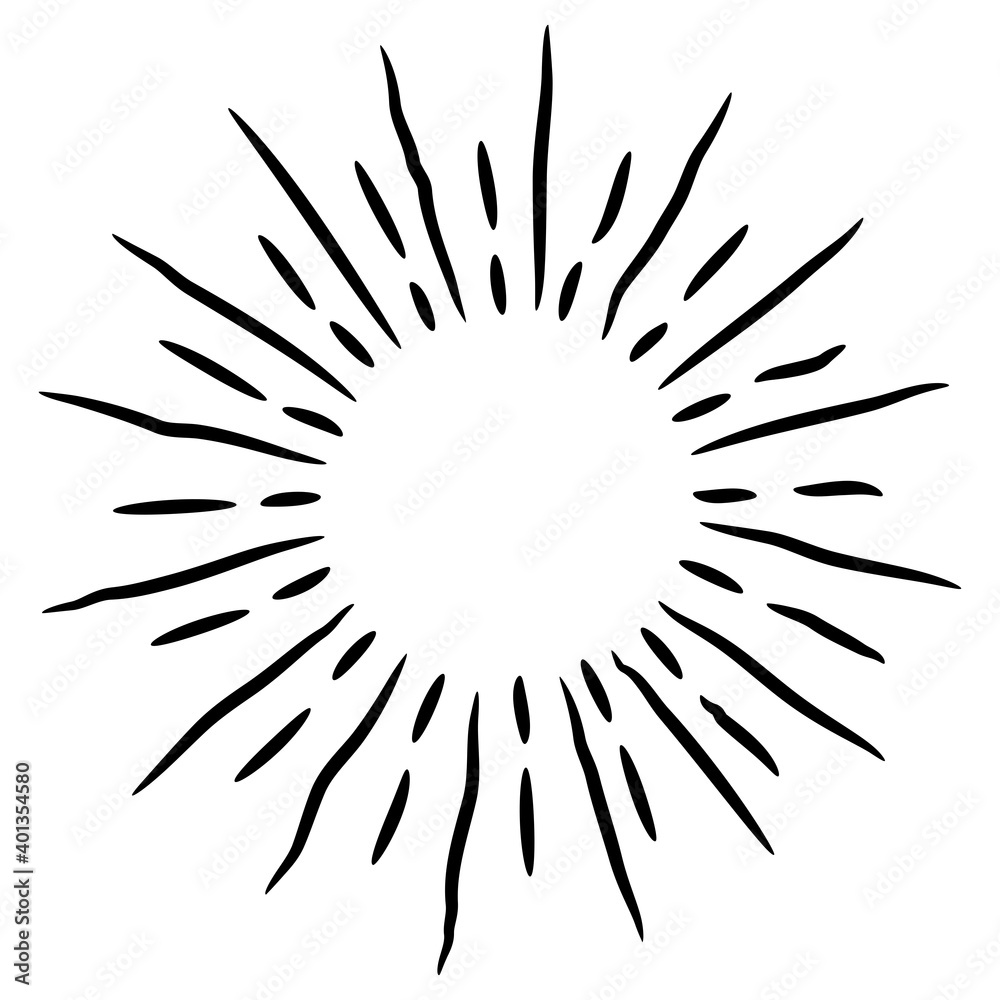 Starburst, sunburst  hand drawn. Design Element Fireworks Black Rays. Comic explosion effect. Radiating, radial lines.