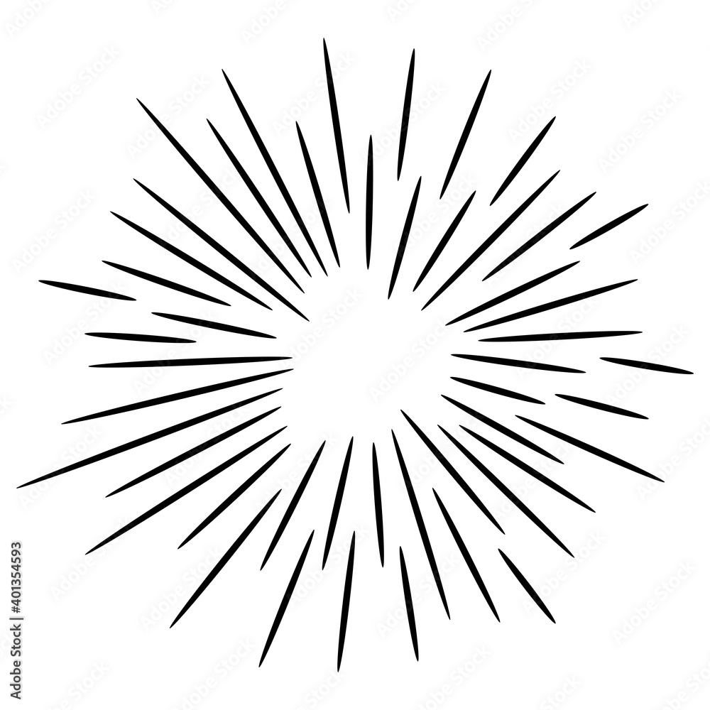 Starburst, sunburst hand drawn. Design Element Fireworks Black Rays. Comic explosion effect. Radiating, radial lines. Starburst, sunburst hand drawn. Design Element Fireworks Black Rays. Comic explosion effect. Radiating, radial lines.