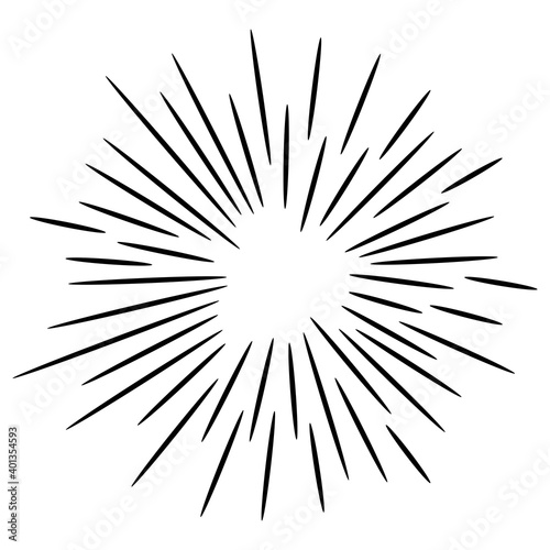 Starburst, sunburst hand drawn. Design Element Fireworks Black Rays. Comic explosion effect. Radiating, radial lines.