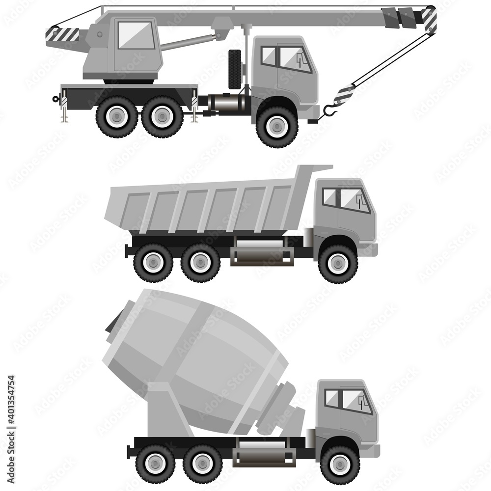 Construction machinery set. Mobile crane. Concrete mixer. Dump truck. Vector illustration. Isolated on white background. Color grey. Construction machinery set. Mobile crane. Concrete mixer. Dump truck. Vector illustration. Isolated on white background. Color grey.
