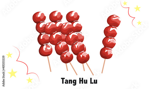 Set of Tang Hu Lu or Jujube coated in a hardened sugar syrup on white background. Close up drawing vector illustration.