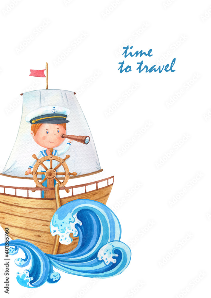 Watercolor card little captain at the wheel on ahoy wooden ship.Cute cartoon sailor boy looks through a telescope. Watercolor card little captain at the wheel on ahoy wooden ship.Cute cartoon sailor boy looks through a telescope.