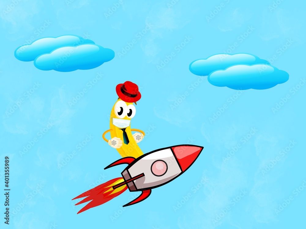 funny banana in a medical mask, tie and red hat, flies astride a rocket in the clouds. Digital illustration funny banana in a medical mask, tie and red hat, flies astride a rocket in the clouds. Digital illustration