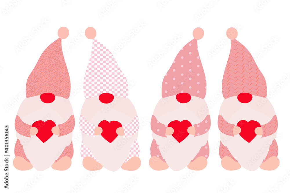 Cute valentine gnomes whith hearts. Vector clip art set. Funny cartoon illustration. Cute valentine gnomes whith hearts. Vector clip art set. Funny cartoon illustration.