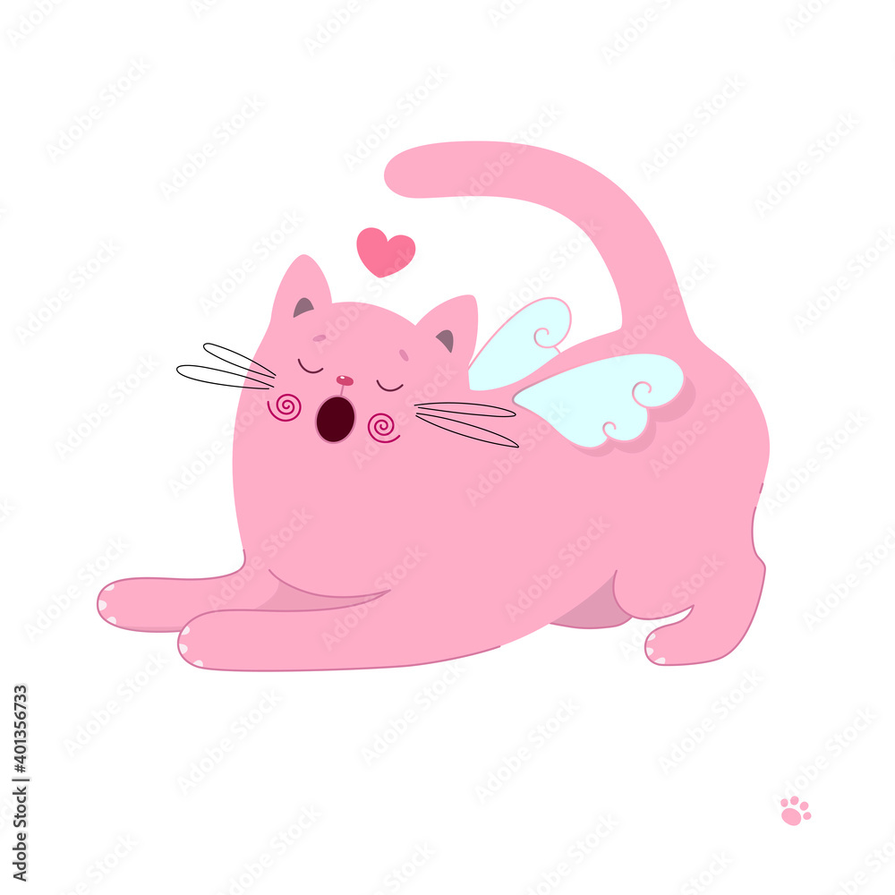 Cute cat with heart and wings. Vector illustration. Funny kitten useful for many applications, your designs, prints for apparel, greeting valentines theme card and invitation. 