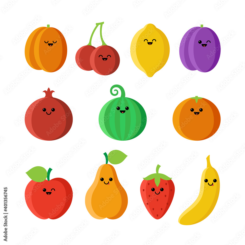 Set of isolated cartoon fruits with kawaii face on white background. Collection of colorful friendly fruits. Cute funny personage. Flat design. For children product. Set of isolated cartoon fruits with kawaii face on white background. Collection of colorful friendly fruits. Cute funny personage. Flat design. For children product.