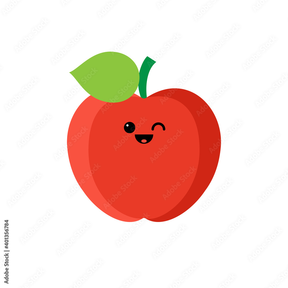 Fototapeta premium Isolated cartoon red apple with kawaii face on white background. Colorful friendly apple fruit with green leaf. Cute funny personage. Flat design. For children product.