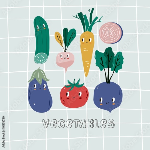 Summer print in modern style with your own vegetables. Hand drawn vegan vegetables poster. Cartoon vegetables character - Carrots, beets, tomatoes, cucumbers, radishes, asparagus