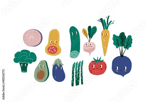 Summer print in modern style with your own vegetables. Hand drawn vegan vegetables poster. Cartoon vegetables character - Carrots, beets, tomatoes, cucumbers, radishes, asparagus