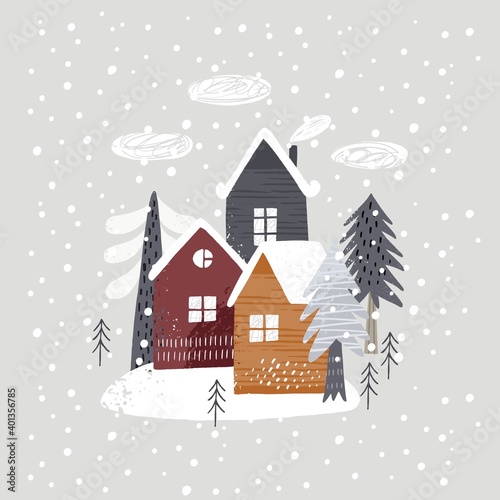 Hand drawn Merry Christmas print 2020. Vector print for Christmas cards with Hand drawn winter tree, house and texture. 