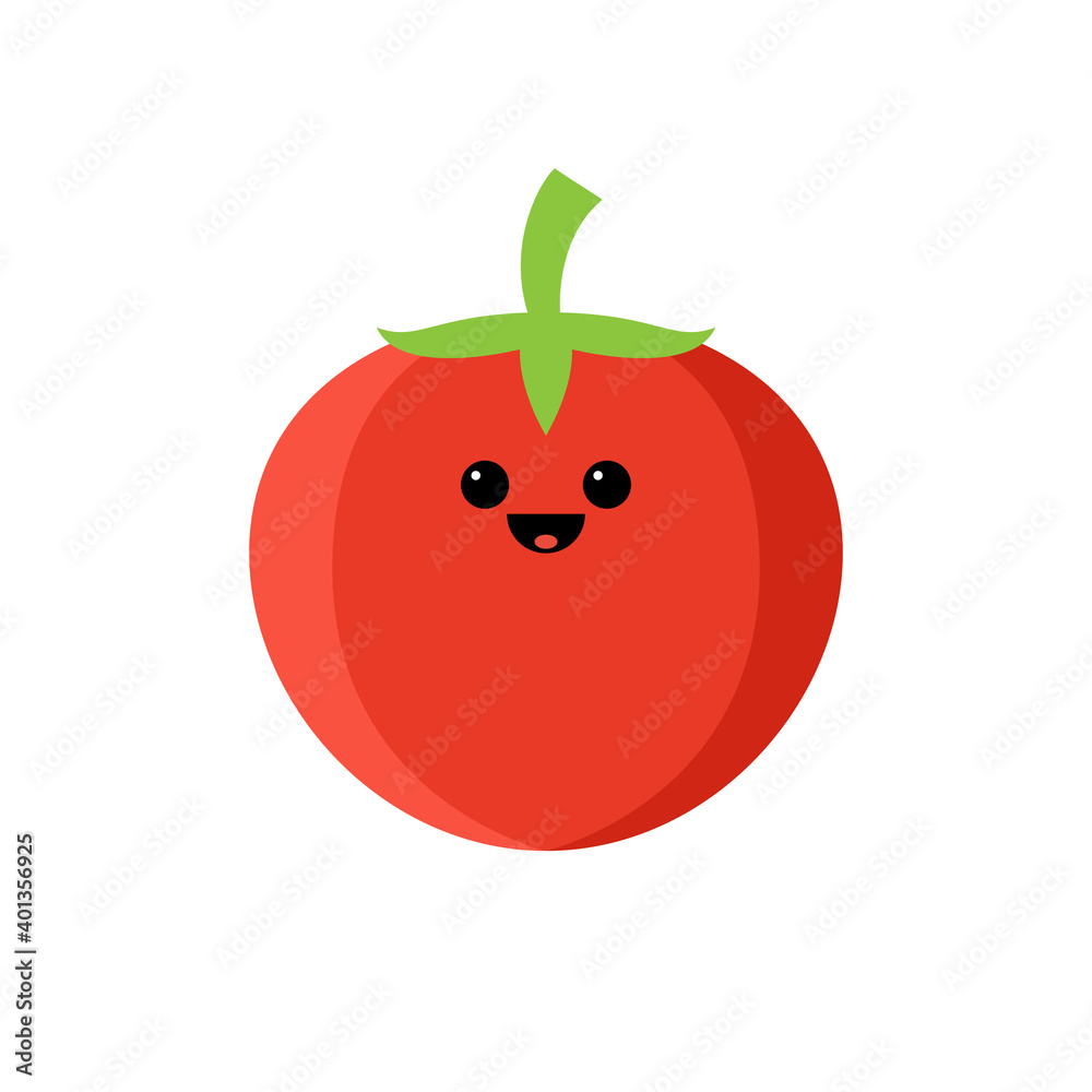 Isolated cartoon red tomato with kawaii face on white background. Colorful friendly tomato berry vegetable. Cute funny personage. Flat design. For children product. Isolated cartoon red tomato with kawaii face on white background. Colorful friendly tomato berry vegetable. Cute funny personage. Flat design. For children product.