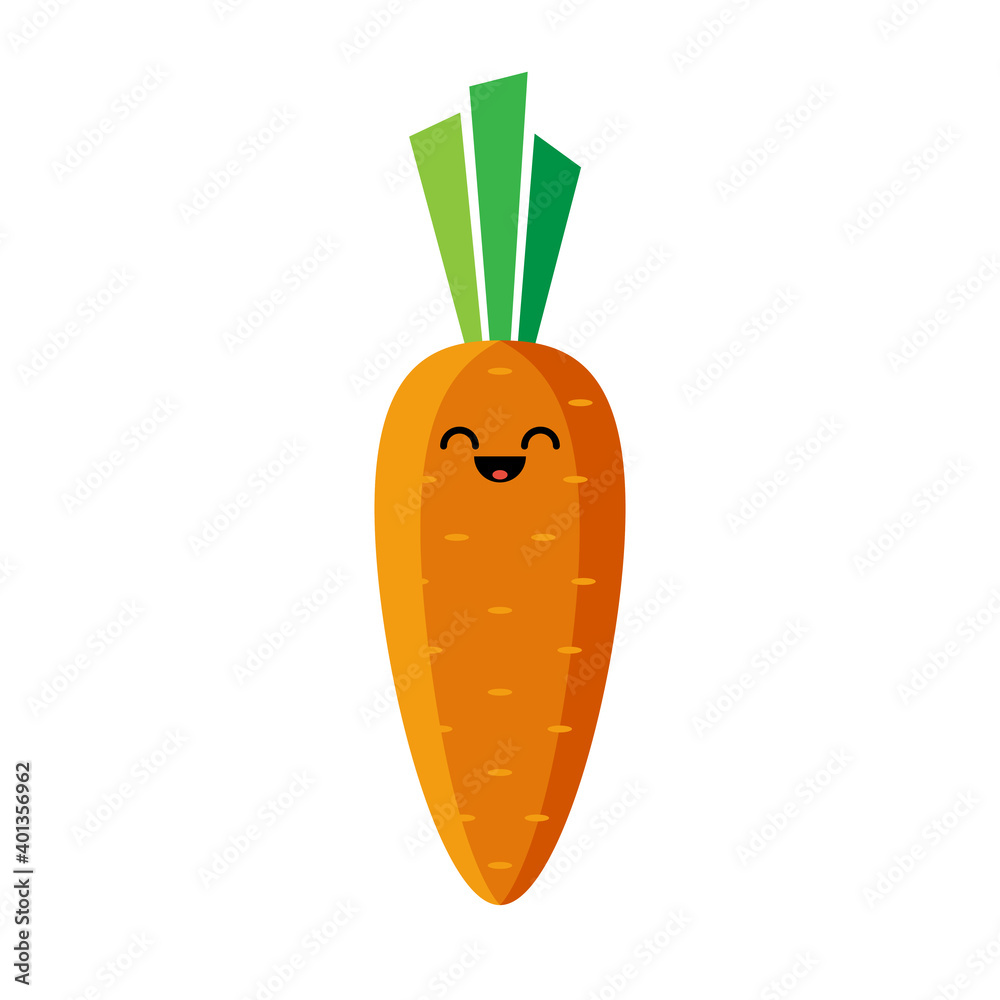 Isolated cartoon orange carrot with kawaii face on white background. Colorful friendly carrot vegetable. Cute funny personage. Flat design. For children product. Isolated cartoon orange carrot with kawaii face on white background. Colorful friendly carrot vegetable. Cute funny personage. Flat design. For children product.