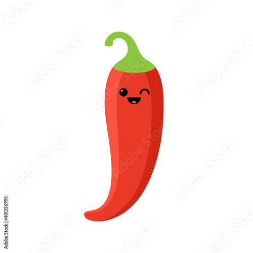 Isolated cartoon red chili pepper with kawaii face on white background. Colorful friendly hot chilli vegetable. Cute funny personage. Flat design. For children product.