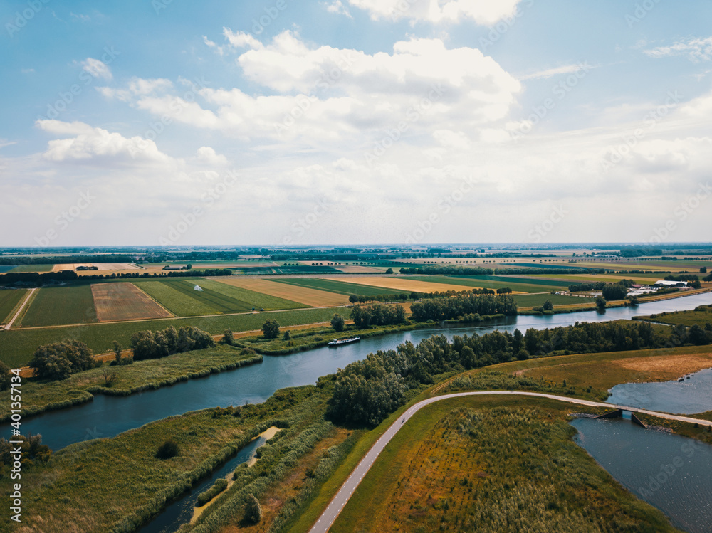 Aerial drone shot of the typical the Netherlands landscape 