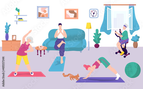 Fitness exercise at home, vector illustration. Family people at healthy sport training, woman man character workout activity lifestyle. Happy active girl child and mother do yoga together.