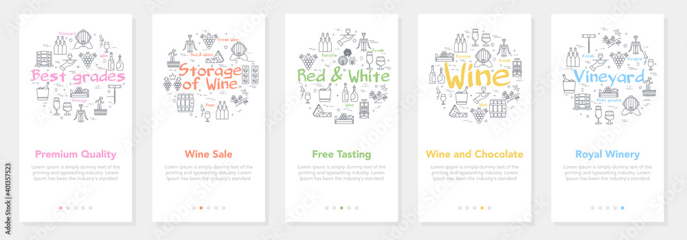 Vertical five banners with line concept of winemaking - premium quality and wine sale