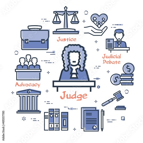 Vector line banner of legal proceedings - judge icon