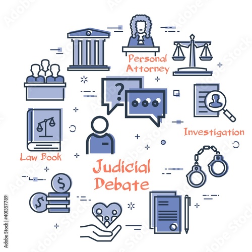 Vector line banner of legal proceedings - judicial debate icon