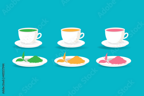set of cute cartoon tea cups with different flavors of aromatic  green tea with green tea raw material on saucers isolated on blue background vector for café backgrounds, adds, menu covers, posters.  