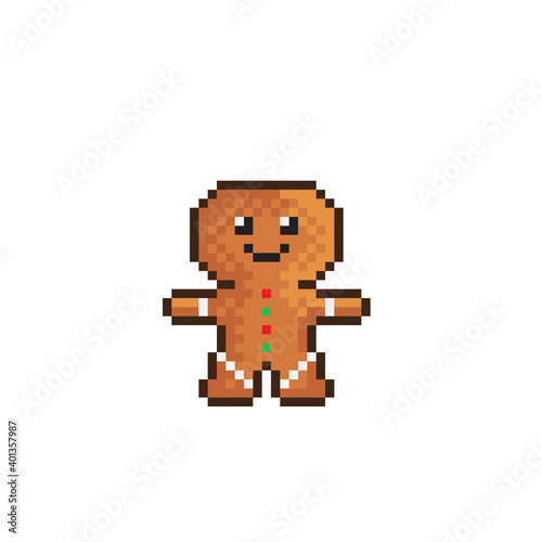 Gingerbread pixel art. Vector illustration. Pixel art smiling gingerbread man. Merry Christmas.